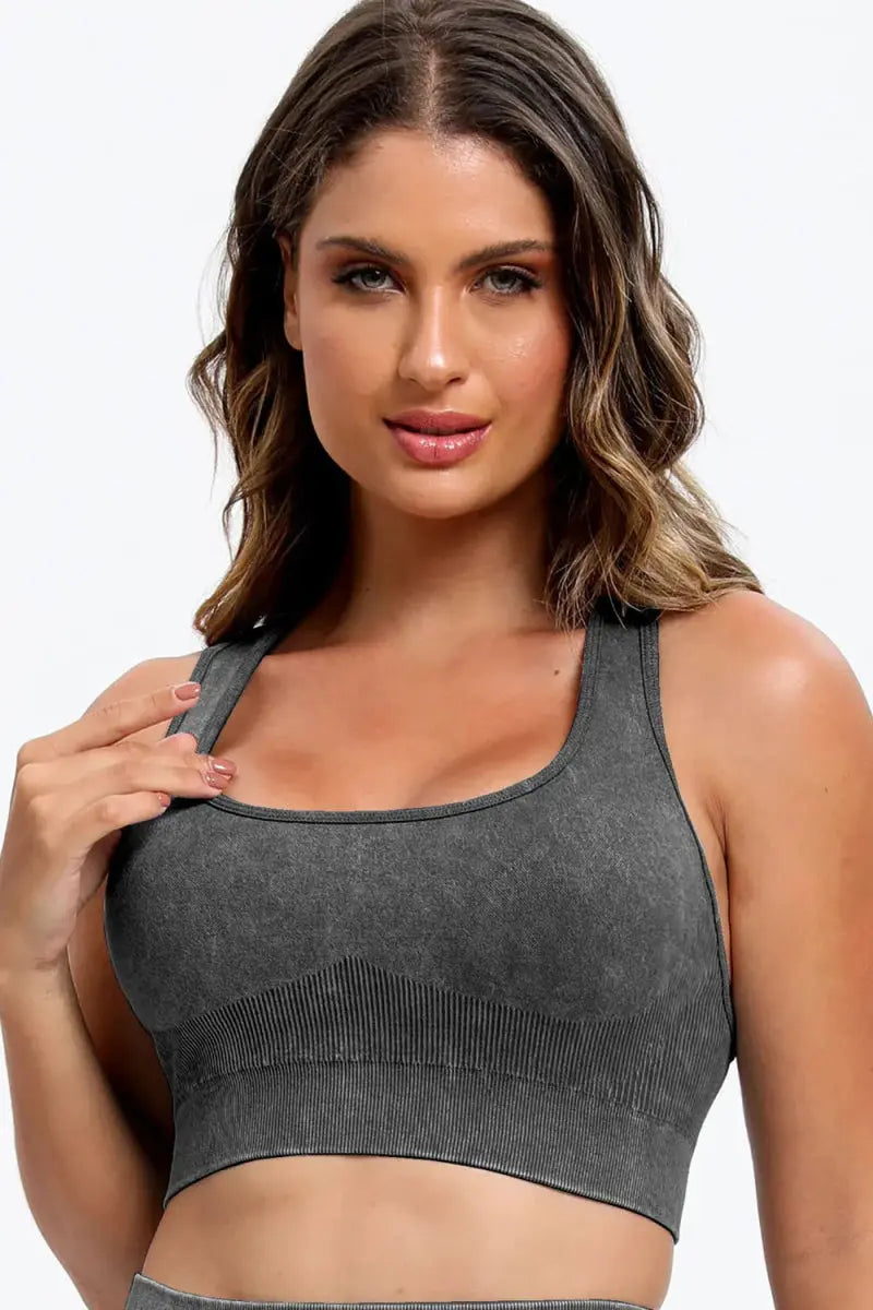 3 Piece Washed Square Neck Wide Strap Active Set for Women - Love Salve